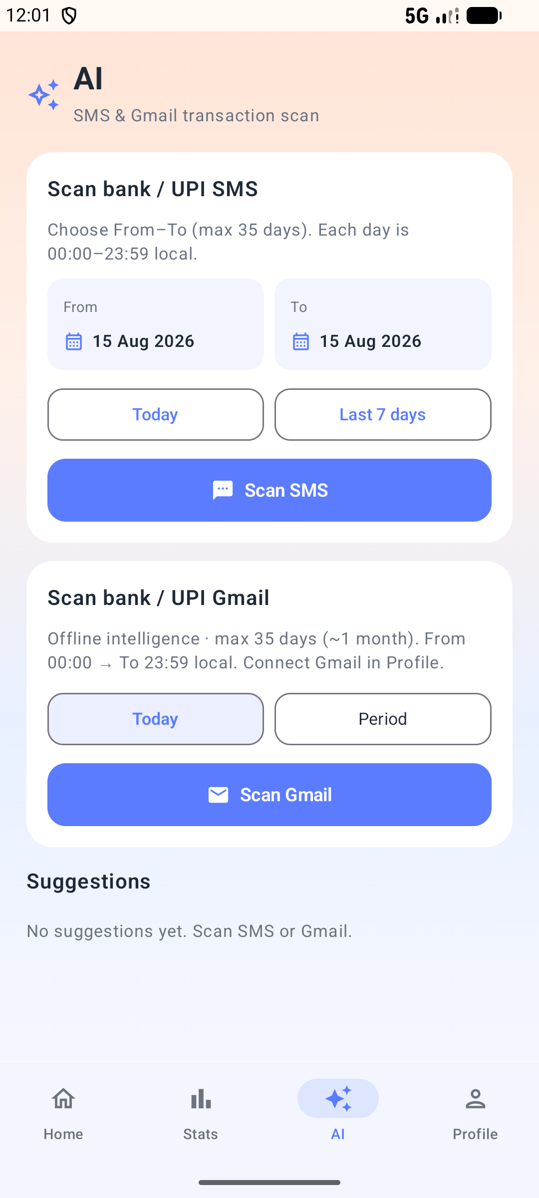 Spendora AI SMS and Gmail scan