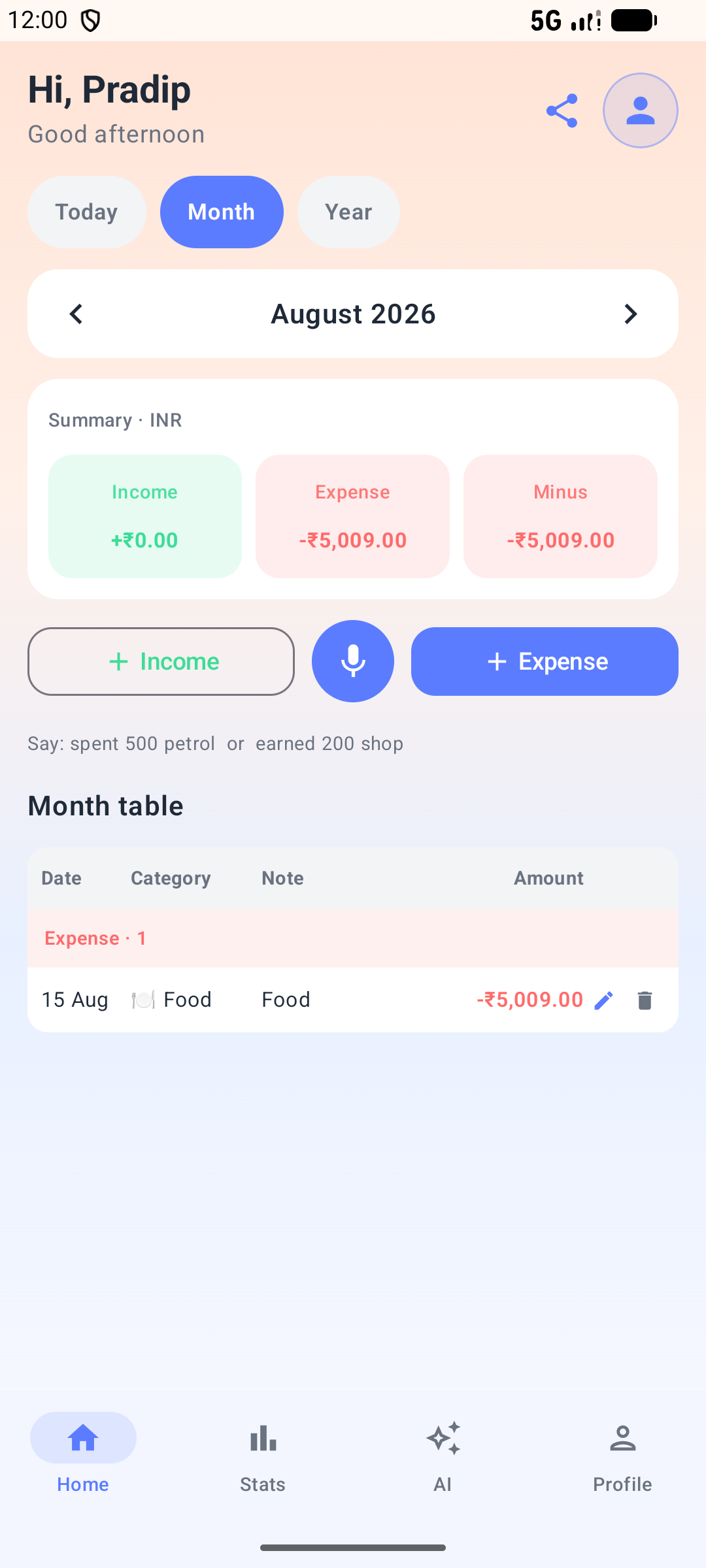 Spendora Home ledger with income and expense summary